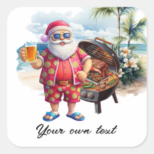 Sticker Carré Noël en juillet avec Père Noël à la plage
