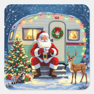 Sticker Carré Noël Fantaisiste en Forêt et Camionnette Rétro