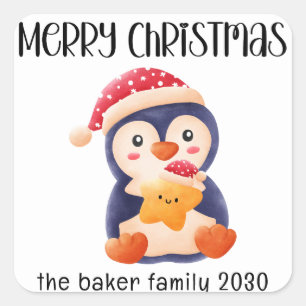 Sticker Carré Noël Festive Pingouin Rouge Personnalisé