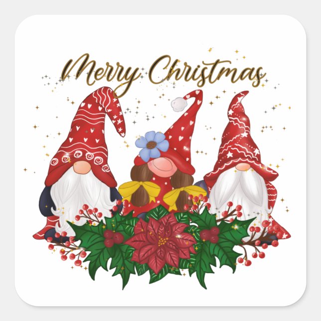 Sticker Carré Noël Gnomes Poinsettia Whimsical Woodland (Devant)