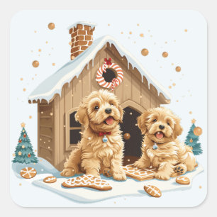Sticker Carré Noël Golden Retriever Dogs Gingerbread House