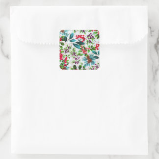 Sticker Carré Noël hiver Bois Nature Holly Berry Pinecones