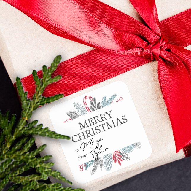 Sticker Carré Noël Hiver Botanique Verdure De et vers (Christmas Winter Botanical Greenery To and From Square Sticker)