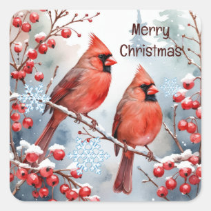 Sticker Carré Noël, hiver Cardinal Red Bird Berries Forest