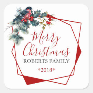 Sticker Carré Noël Holly Wreath Red bullfinch