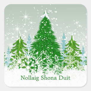 Sticker Carré Noël irlandais, sapins verts enneigés