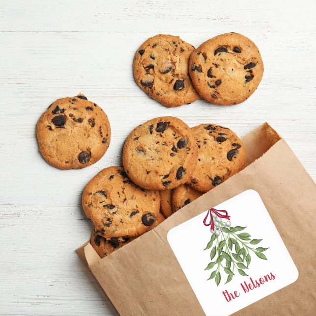 Sticker Carré Noël Joyeux Mistletoe Vacances Feuilles de verdure (Christmas holiday merry mistletoe simple square sticker.)