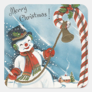 Sticker Carré Noël Joyeux Rétro Bonhomme de Neige Sourire