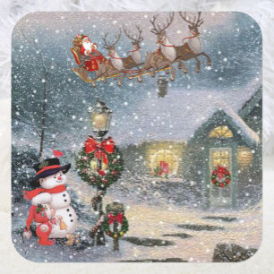Sticker Carré Noël Laissez Neige Père Noël Traîneau Renne Fête
