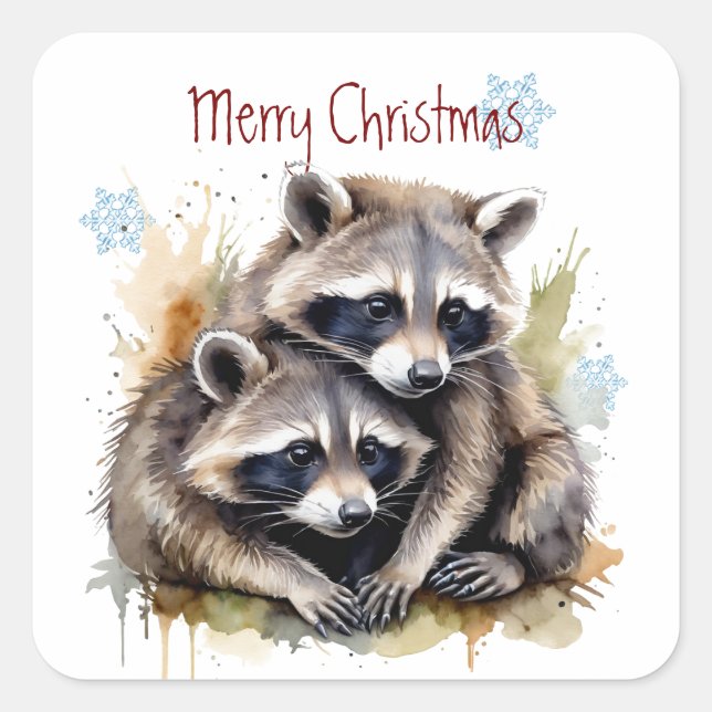 Sticker Carré Noël mignon Aquarelle Raccoons Faune (Devant)