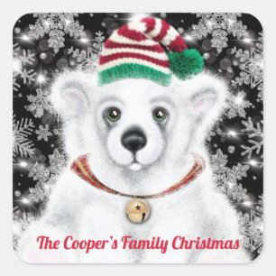 Sticker Carré Noël mignon Père Noël ours polaire petit flocon de
