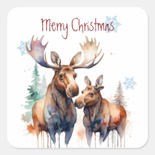 Sticker Carré Noël Mignonne Aquarelle Oie Famille Animaux