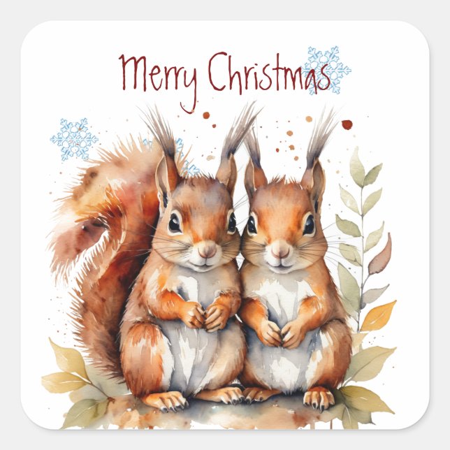 Sticker Carré Noël Mignonne écureuils d'aquarelle Faune (Devant)