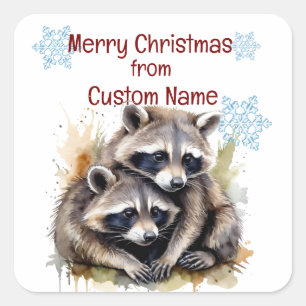 Sticker Carré Noël mignonne Raccoon Couple Personnaliser animale