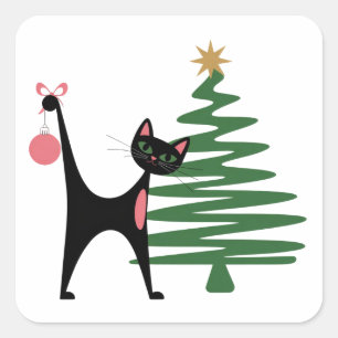 Sticker Carré Noël Moderne du Milieu du Siècle 1950 Chat Atomiqu