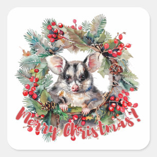 Sticker Carré Noël Opossum Berries Holly Feuilles