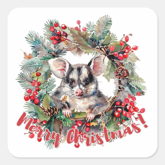 Sticker Carré Noël Opossum Berries Holly Feuilles (Devant)