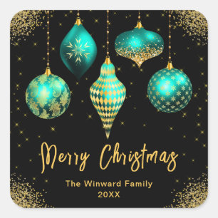 Sticker Carré Noël Ornement Élégant Turquoise et Or