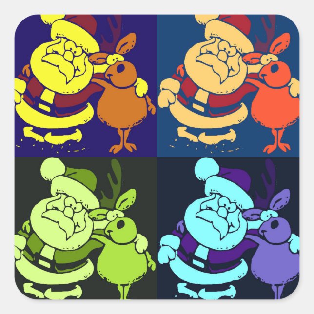 Sticker Carré Noël Père Noël et Reindeer Pop Art (Devant)