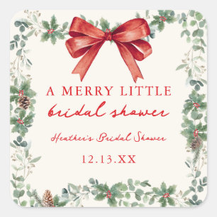 Sticker Carré Noël Petite Fête Joyeuse Mariage Shower avec Ruban