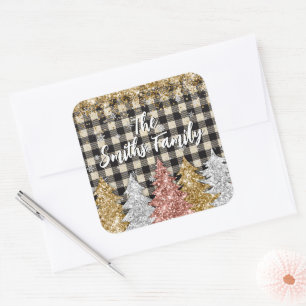 Sticker Carré Noël Plaid Et Parties scintillant Nom De Famille