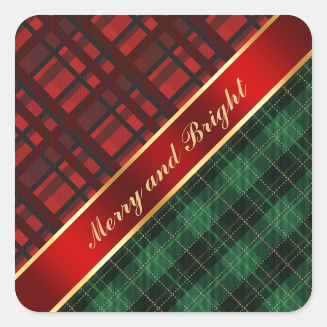 Sticker Carré Noël Plaid et ruban vert et rouge (Devant)