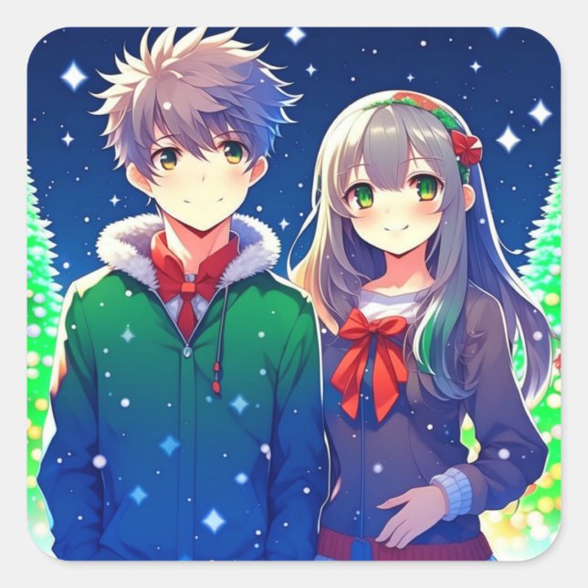 Sticker Carré Noël romantique d'Anime Couple (Devant)