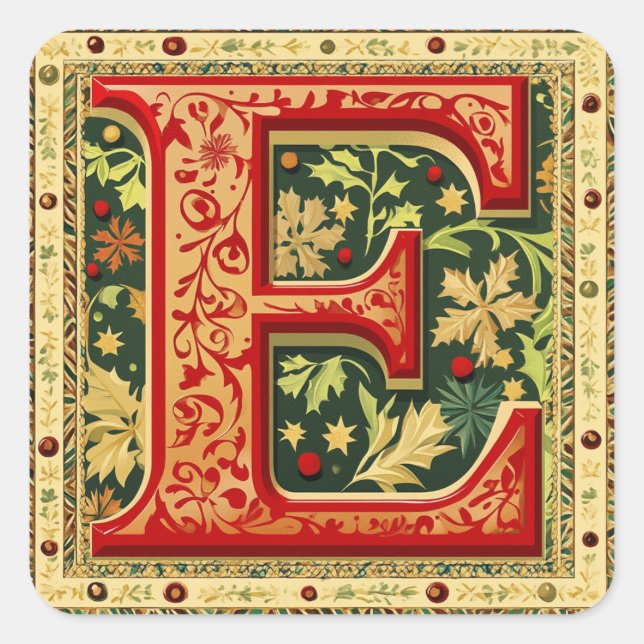 Sticker Carré Noël rouge et vert 'E' avec or (Devant)