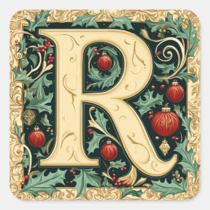 Sticker Carré Noël Rouge & Vert Lettre R : Élégance festive