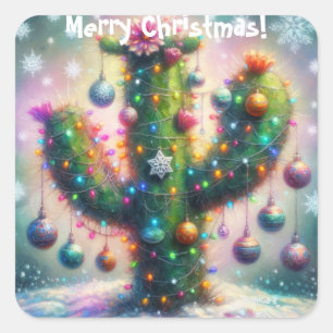 Sticker Carré Noël Saguaro Cactus Whimsical Snowflakes