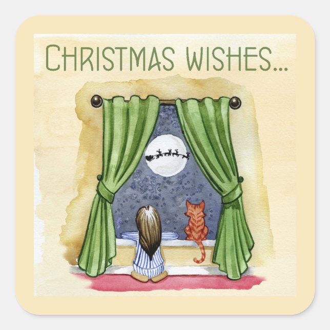 Sticker Carré Noël Souhaite Mignonne Enfant & Kitty Chat Noël (Devant)