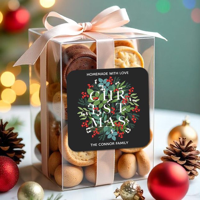 Sticker Carré NOËL Typographie Holly Berries Maison (CHRISTMAS Typography Greenery and Berries Homemade with Love 3" Square Stickers)