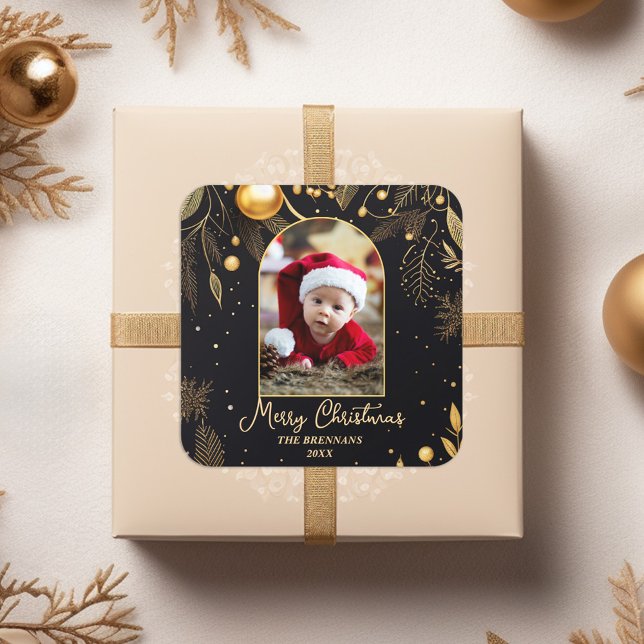 Sticker Carré Noël Une photo Gold Elegant (Christmas One Photo Gold Elegant Square Sticker)