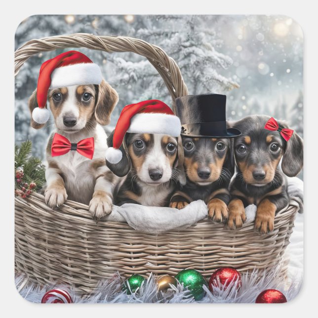 Sticker Carré Noël Vacances Cute Dachshund Chiots (Devant)