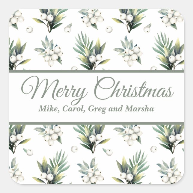Sticker Carré Noël Vert Et Blanc Floral Fête Personnalisée (Devant)