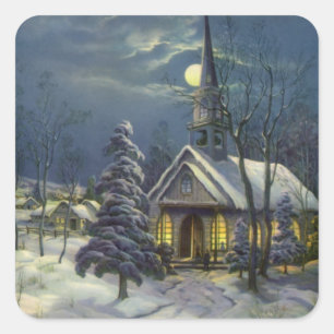 Sticker Carré Noël Vintage, Église d'hiver en Neige avec Lune