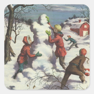Sticker Carré Noël vintage, enfants bataille de boules de neige
