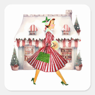 Sticker Carré Noël Vintage Lady Shopping 1950