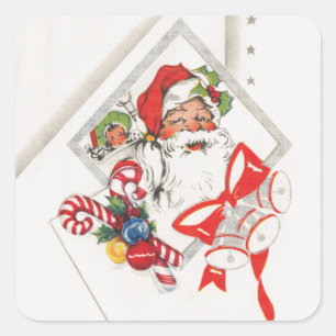 Sticker Carré Noël vintage, Père Noël avec Cannes de Bonbon
