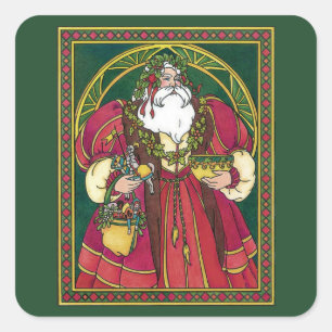 Sticker Carré Noël vintage, Père Noël avec feuilles de houx