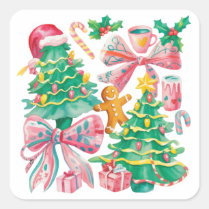 Sticker Carré Nœud de sapin de Noël Preppy Rose Bleu Coquette