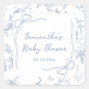 Sticker Carré Nœud floral pour Baby Shower Bleu
