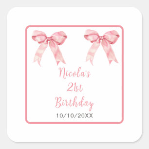 Sticker Carré Nœud Papillon Coquette Rose Fête d'Anniversaire