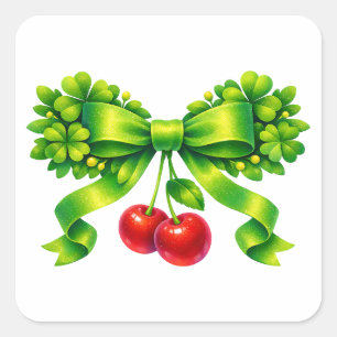 Sticker Carré Nœud Trèfle Chanceux avec Cerises Design Vert
