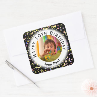 Sticker Carré Noir Aquarelle Personnalisable Confetti Anniversai