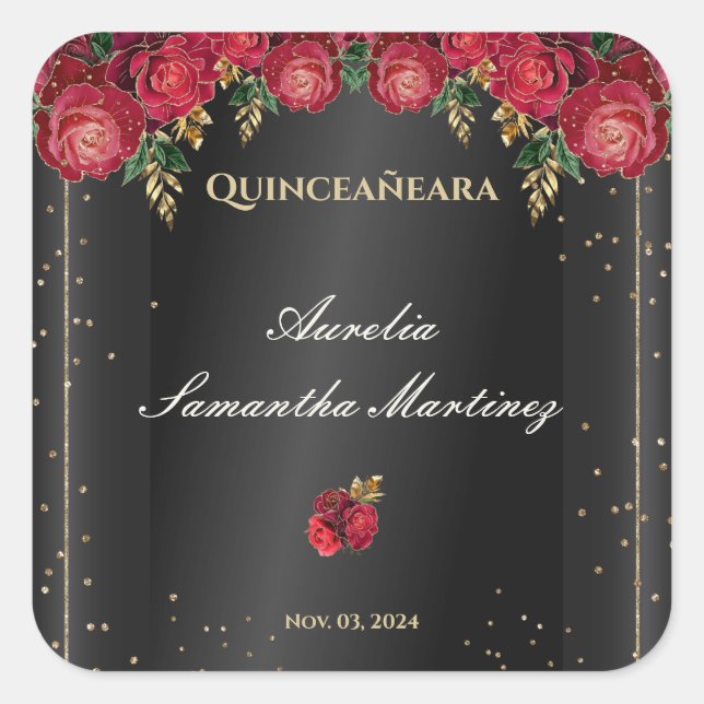 Sticker Carré Noir avec Roses Rouges Quinceañera Calcamonias (Devant)