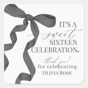 Sticker Carré Noir Coquette Bow Sweet 16 Anniversaire Fête Faveu