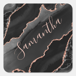Sticker Carré Noir et or rose Faux Paillettes Agate