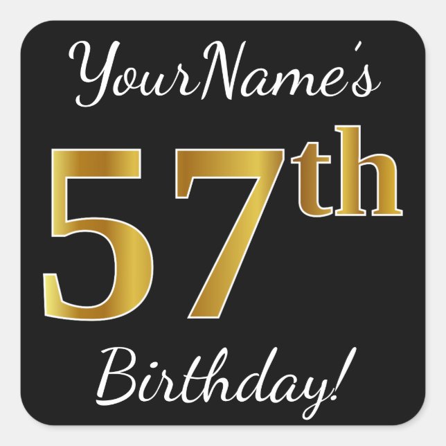 Sticker Carré Noir, Faux Gold 57e anniversaire + Nom personnalis (Devant)