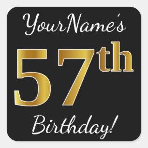 Sticker Carré Noir, Faux Gold 57e anniversaire + Nom personnalis